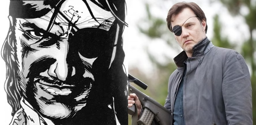 Governador na HQ à esquerda, e na série à direita, interpretado por David Morrissey. 